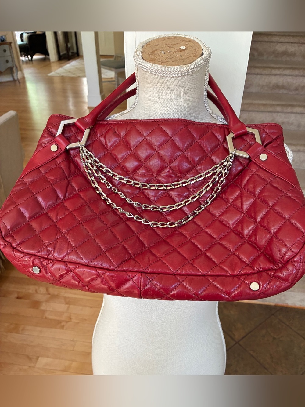 Hype Quilted leather Red Satchel with  silver Chain Accents